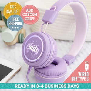 Custom LED-Backlit USB-C Kids Headphones (Lavender) | Back to School, Birthday Gift, Personalized Name, Custom Kids Gift for Boy Girl Type-C