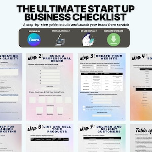 May include: A business checklist guide titled "The Ultimate Start Up Business Checklist" with a step-by-step guide to build and launch a brand. The checklist is editable in Canva, printable, or for digital use. The checklist includes steps for foundation, branding, website creation, and social media.