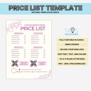 Price List Template Editable Price List Printable Canva Price List for Small Business Menu Minimalist Price List Canva Business Price Guide
