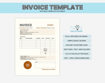 Modello di fattura minimalista Canva, modulo per piccole imprese (download digitale)