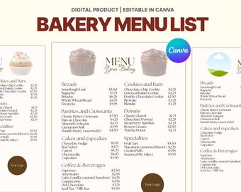 Könnte beinhalten: Eine digitale Bäckerei-Menüliste, bearbeitbar in Canva, mit hellem Hintergrund. Das Menü umfasst Abschnitte für Brot, Gebäck, Kekse, Donuts, Kuchen und Kaffee. Jeder Abschnitt listet verschiedene Artikel mit Preisen auf.