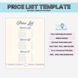 Price List Template Editable Price List Printable Canva Price List for Small Business Menu Minimalist Price List Canva Business Price Guide