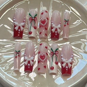 Cherry Press on Nails | Trendy Nails | Handmade | Reuseable