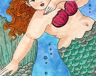 Fat girl mermaid green 5x7 print