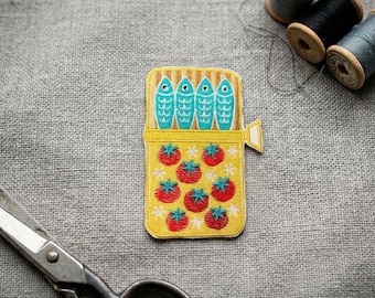 Sardine embroidered patch. Fish iron on or hook and loop patch.