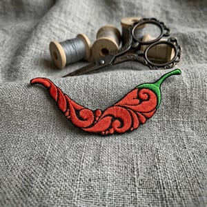 Red Chilli pepper embroidered patch. Iron on or hook and loop patch.
