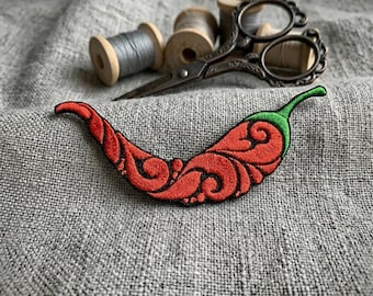 Red Chilli pepper embroidered patch. Iron on or hook and loop patch.