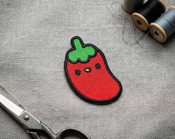 Red Chili Pepper Embroidered Patch: Iron-On Vegetable Applique