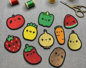 Cute Vegetable Patch Set of 10, Kawaii Food Embroidered Patches, Iron On Veggie Appliques, Cute Fruit Patches, Kids Backpack Decor.