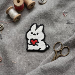 Cute Bunny Embroidered Patch. Bunny iron on patch Holding Heart.