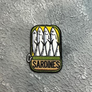 Sardines embroidered patch. Fish iron on or hook and loop patch.