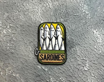 Sardines embroidered patch. Fish iron on or hook and loop patch.