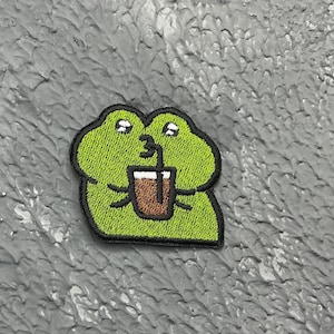 Frog drinking coffee Embroidered Patch. Cute Kawaii frog coffee lover  Iron on patch