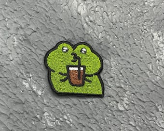 Frog Drinking Coffee Embroidered Iron-On Patch: Kawaii Style