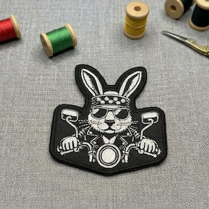 Biker Bunny Embroidered Patch. Bunny iron on patch.