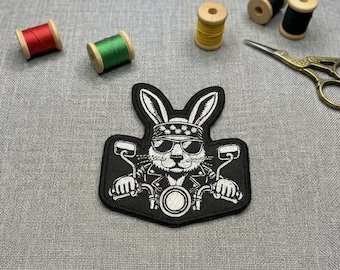 Biker Bunny Embroidered Patch. Bunny iron on patch.