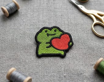 Frog in Love Embroidered Patch. Emoji Embroidery  Iron on patch