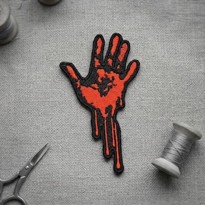 Bloody Hand Embroidered Patch. Horror Iron on patch.