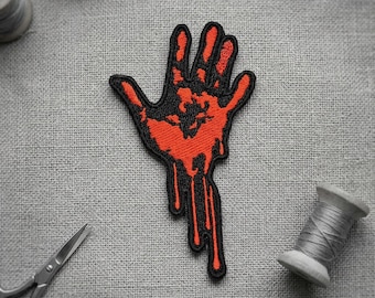 Bloody Hand Embroidered Patch. Horror Iron on patch.