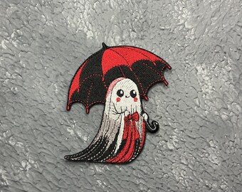 Halloween Cute Ghost with Red Umbrella. Ghost Embroidered Patch. Flying ghost Iron on patch.