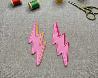 Pink Lightning Bolt Embroidered Iron-On Patch