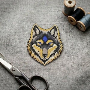 Peut inclure: Un écusson brodé représentant une tête de loup avec une fourrure noire, dorée et blanche, des yeux bleu vif et une marque en forme de losange bleu sur le front. L'écusson est présenté avec des ciseaux en métal et trois bobines de fil à coudre.