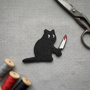 Black cat with knife Embroidered Patch. Knifecat Iron on or hook and loop patch