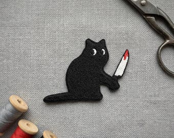 Black cat with knife Embroidered Patch. Knifecat Iron on or hook and loop patch