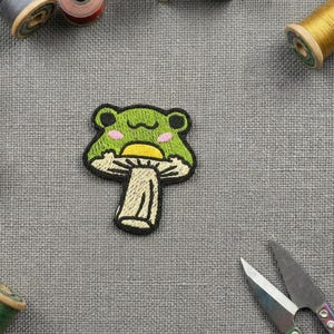 Mushroom Frog Embroidered Patch. Emoji Embroidery  Iron on patch