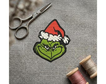 Embroidered Grinch Face Patch - Christmas Iron On Applique