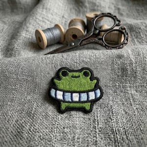 May include: An embroidered patch featuring a green frog wearing a blue and white striped inner tube. Behind the patch are vintage-style metal scissors with ornate handles and several wooden spools of grey thread on a textured grey fabric.