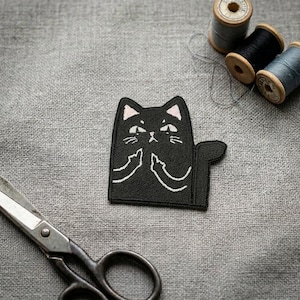Black Cat Middle Finger Embroidered Patch - Iron On Applique