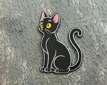 Black Cat Embroidered Patch: Gold Eyes, Iron-On Applique