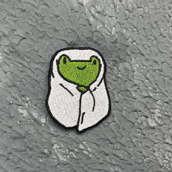 Homebody Frog Embroidered Iron-On Patch: Kawaii Blanket Frog