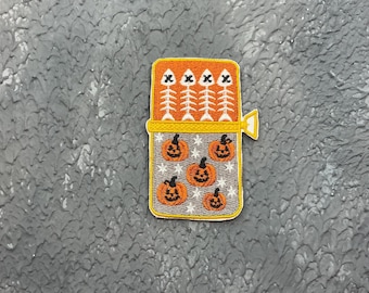 Sardine Halloween embroidered patch. Fish skeletons iron on or hook and loop patch.