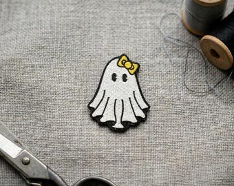 Cute Ghost with gold Bow Embroidered Patch. Flying ghost Iron on or hook and loop patch