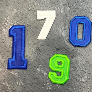 May include: Four embroidered fabric numbers: 1, 7, 0, and 9. The number 1 is blue with a blue outline. The number 7 is white. The number 0 is blue with a blue outline. The number 9 is green with a green outline. The numbers are on a grey textured background.