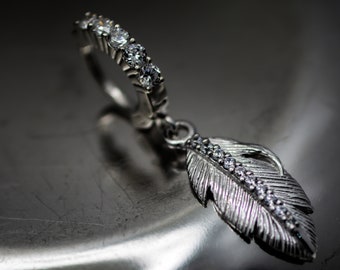 Sterling Silver Feather on Silver 5 Stone Belly Ring - Feather Belly Ring - Cute Belly Ring - Nature Belly Ring - Feather Body Jewelry