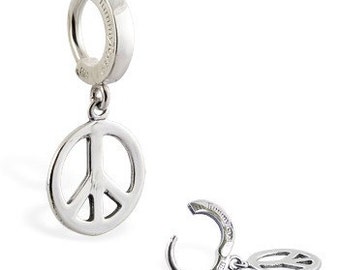 May include: Silver peace sign dangle earring with a hoop. The hoop is marked with the brand name "TummyToys".