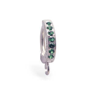 May include: Silver hoop earring with a row of green gemstones. The earring has a hinged clasp.