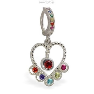Rainbow Heart Belly Ring - Rainbow Belly Ring - Heart Belly Ring - Silver Belly Ring with Rainbow CZs - Belly Ring Rainbow CZs - Navel Ring