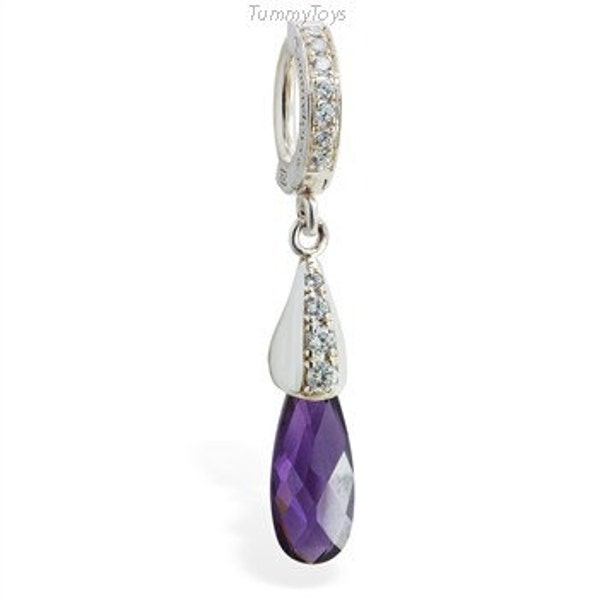 Purple Cz Ice Crystal Drop with Cz set Cap and Clasp Sterling Silver Belly Button Ring By TummyToys (69106)