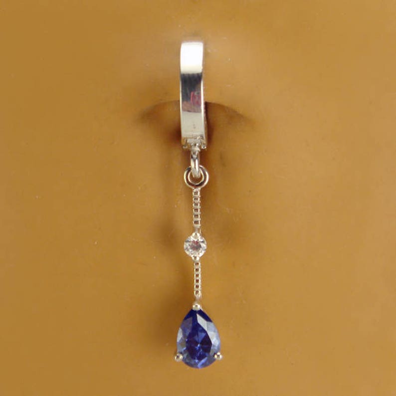 63026 Sterling Silver Tanzanite Blue and Clear CZ Drop Sterling Silver Belly Ring by TummyToys