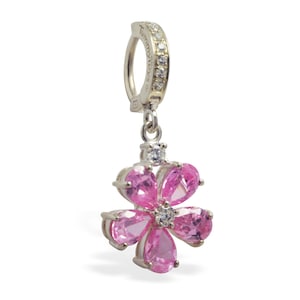 Pink Flower Belly Ring - Silver Belly Ring Pink CZ Flower Dangle Charm - Belly Ring Pink Dangle - Belly Ring Flower Charm - Pink Belly Ring