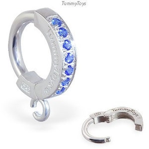 Anillo de ombligo de plata de ley: circonita azul zafiro, aro con dije