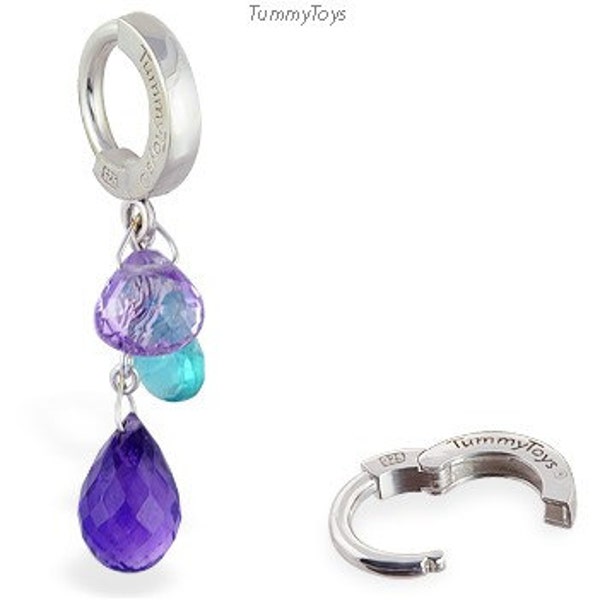 Amethyst and Blue Topaz Natural Gem Cluster of Dazzeling Navel Belly Button Charm on Sterling Silver Belly Ring by TummyToys (69060)