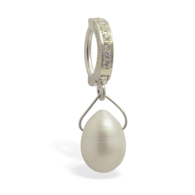 NEW Stunning White Pearl Teardrop Wire Charm on Clear Pave Set Cz Gem Clasp Belly Ring by TummyToys 69126