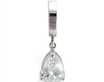 Surgical Steel Belly Ring: Clear CZ Pear Dangle, 14 Gauge