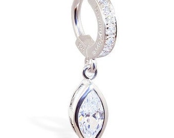 Beautiful Bezel Set Marquise CZ Charm on Clear Cz Gem Pave Clasp Belly Ring By TummyToys Better than a Navel Bar or Barbell (63035)