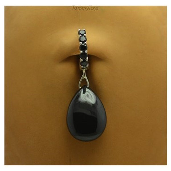 Blacked Out Belly Ring with Large Black Pendant - Silver Belly Ring - Belly Button Ring - Navel Ring Silver - Belly Rings Silver